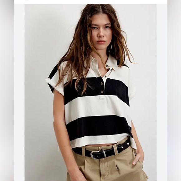 We The Free Tops - We The Free Taylee Muscle Black & White Striped Cropped Polo